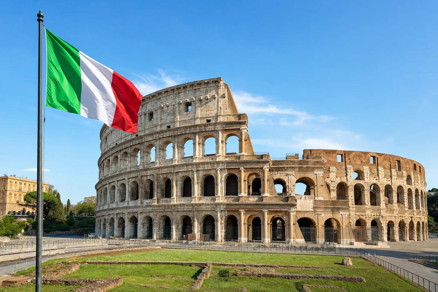 Kjent landemerke i Italia med landets flagg