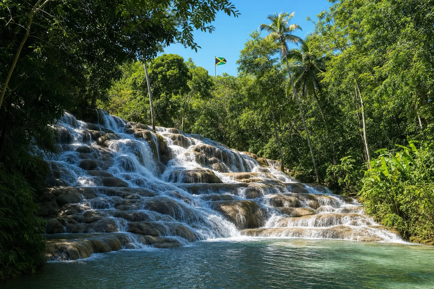 Kjent landemerke i Jamaica med landets flagg