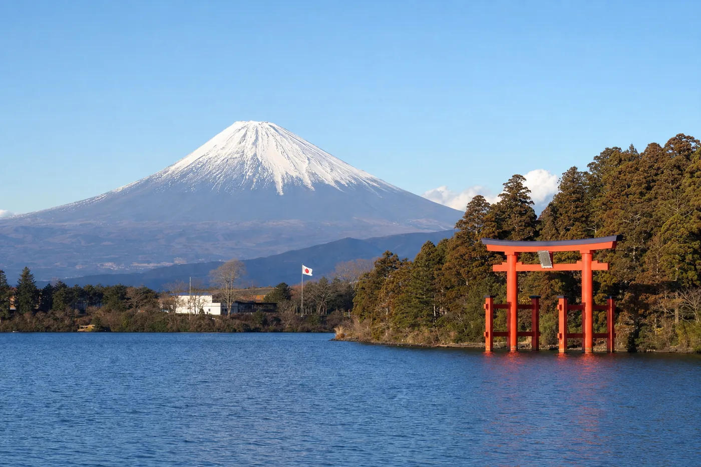 Kjent landemerke i Japan med landets flagg