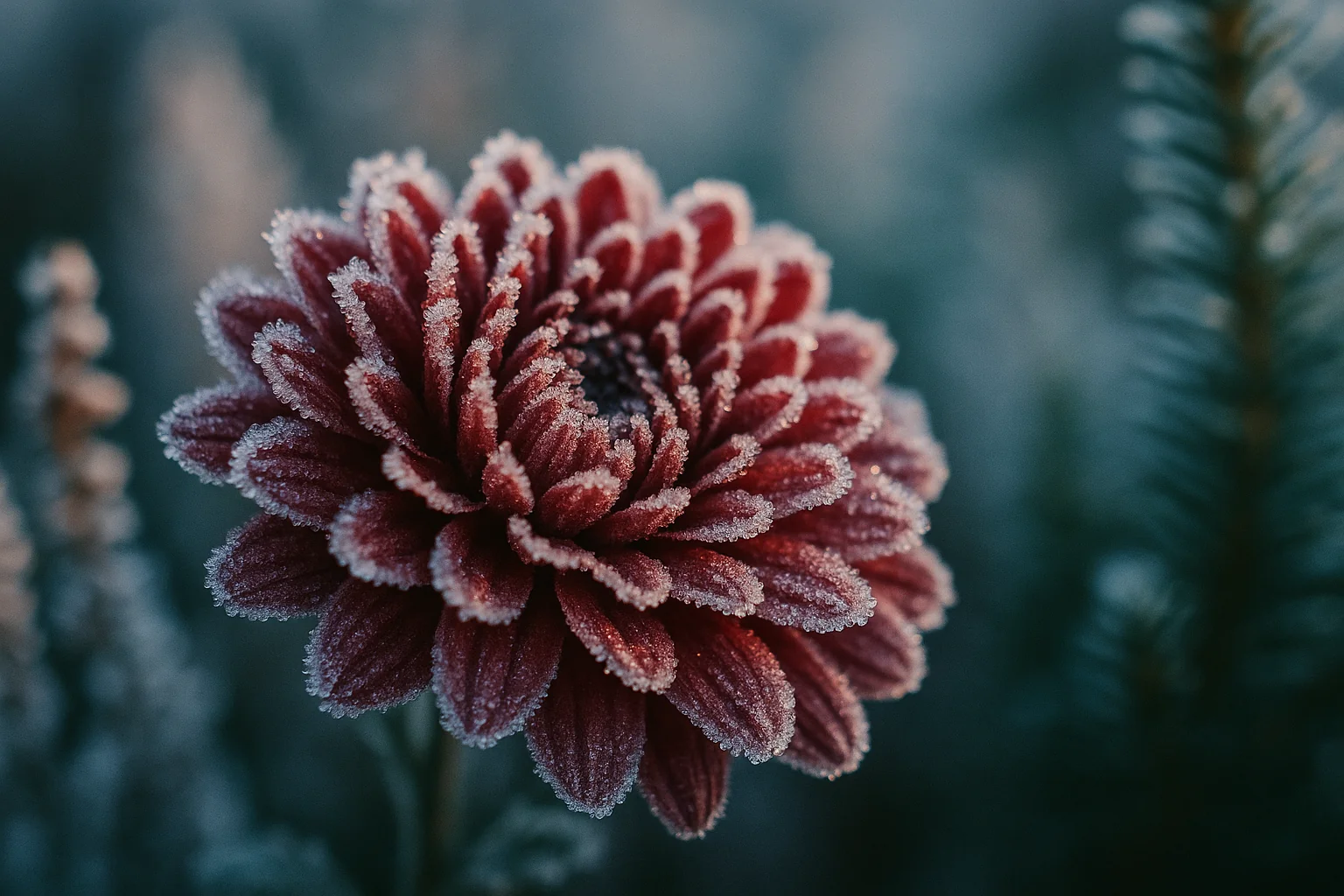 Krysantemum dekket av frost i morgenlyset, frosttolerante blomster