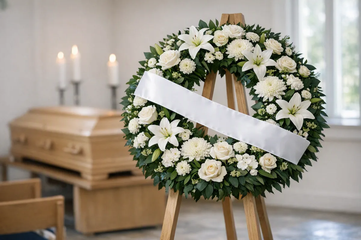 Begravelseskrans med hvite liljer og roser på stativ med silkebånd