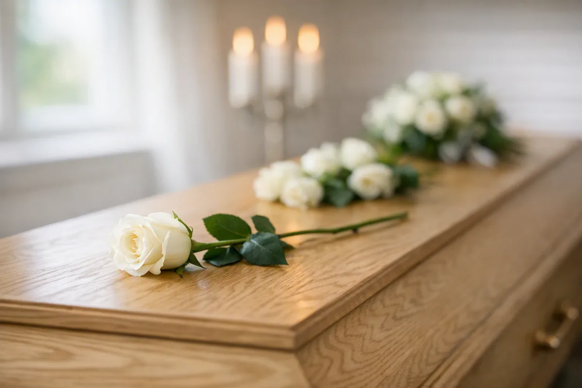 En enkelt hvit rose lagt på kistelokket ved avskjeden